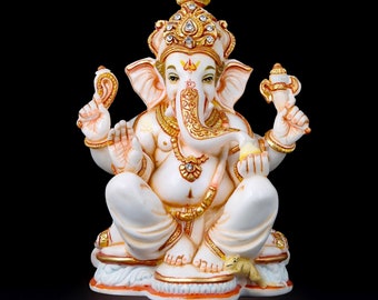 Lord Ganesha Statue, 17 cm Small Size Hand Painted Cultured Marble Ganesha Statue, Small Ganpati Idol, Good Luck gift for new beginnings