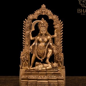 Kali Statue, 27 cm Golden Finish Brass Goddess Kali Statue, Parvati, Kalika, Kali Shiva Idol. Hindu goddess of Time, Destruction & Power