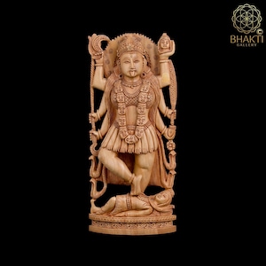 Wooden Kali Statue, 26 cm Big Hand Carved Goddess Kali Idol in wood, Adi Parashakti, Hindu goddess of power & Destructions, Wood Kali Statue