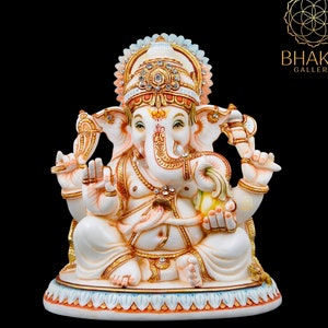 Ganesh Statue, 19 cm Hand painted Cultured Marble Lord Ganesha Statue, Ganapathi Idol, Hindu Elephant god of good luck and new beginnings