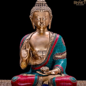 Brass Buddha Statue with Mosaic Stonework, 36 cm Big Vitarka Mudra Buddha Idol, Buddhist Temple Yoga Studio & Meditation Room Decor