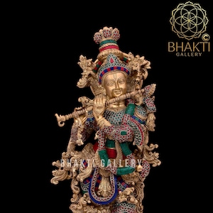 Brass Krishna Statue Large | 68 cm Big Size Brass Lord Krishna Idol for Home, Office, Altar, Temple, Mandir Decor | House warming gift