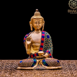 Small Brass Buddha Statue with Stonework, 16 cm Small Size Brass Blessing Lord Buddha Idol, Buddhist Altar Decor, Meditation Room Decor