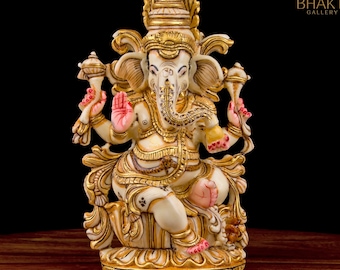 Lord Ganesha Statue, 23 cm Hand painted Dust Marble Ganesh Statue, Ganpati Idol, Hindu Religious Home Temple Mandir puja room office Decor