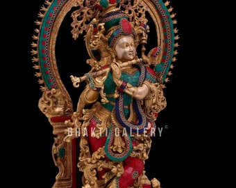 Large Krishna Statue Brass with Arch, 82 cm Big Large Size Brass Lord Krishna Idol with Stonework, Religious Home office Entrance Decor.