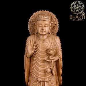 Wood Buddha Statue Holding Lotus Flower 15inch Big Standing Wooden Buddha Idol for Buddhist Temple Altar Yoga Studio Meditation Room Decor Etsy