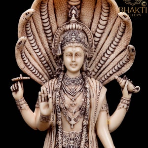 Lord Vishnu Idol Standing on Sheshnag, 32 cm Big Ivory look Antique Finish Dust Marble Vishnu Statue, Hindu God Vishnu Bhagwan ki Murti