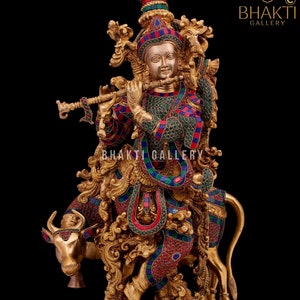 Brass Large Cow Krishna Statue with Mosaic Stonework, Brass Lord Krishna Idol with Cow for Temple Mandir Hindu Religious Home Office Decor