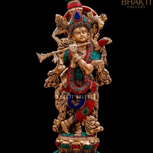 Brass Lord Krishna Statue with Stonework, 39 cm Big Brass Krishna Idol playing flute, Shri Krishn Morti, Marriage Anniversary gift