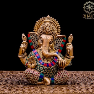 Brass Ganesha Statue, 14 cm Small Size Brass Ganesh Statue with Stonework, Hindu Elephant God Deity, Good Luck Gift for New Beginnings.