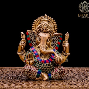 Brass Ganesha Statue, 14 cm Small Size Brass Ganesh Statue with Stonework, Hindu Elephant God Deity, Good Luck Gift for New Beginnings. image 1