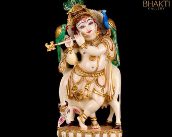 Cow Krishna Statue, 31 cm big Hand Painted Dust Marble Lord Krishna Idol with cow, Gopala Figure, Shri Krishana Morti, Bal Krisna Murti.