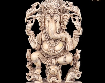 Ganesha Statue with Rat, 23 cm Ivory Look Dust Marble Lord Ganapathi Idol with Mouse, Ekdanta, Vinayaka, Gajanan, Ganesh Murti