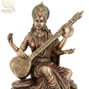 Saraswati Statue, Sarasvati Idol, 15 CM Bonded Bronze Goddess Saraswati Statue, Indian Arts. Hindu goddess of Arts,Music,Knowledge & Wisdom.
