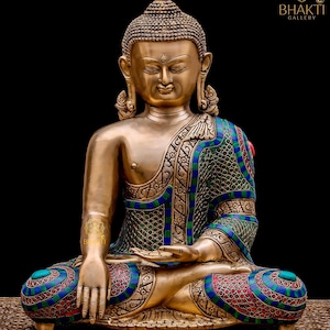 Brass Buddha Statue Large, 41 cm Big Brass Earth Touching Buddha Idol with Stonework, Shakyamuni Buddha Statue, Meditation Room Decor