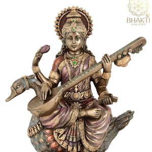Saraswati Statue, Sarasvati Statue, 21 CM Bonded Bronze Goddess Saraswati on Swan. Hindu Goddess of Knowledge,Music,Art,Wisdom & Education.