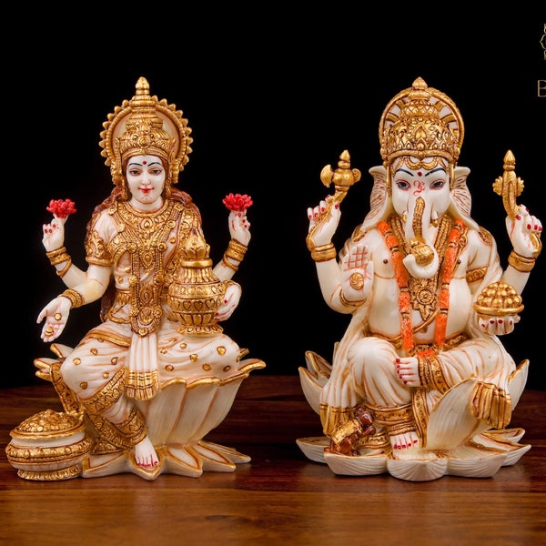 Estatua de Lakshmi Ganesh, estatua de mármol cultivado pintada a mano de 18 cm, ídolo de Laxmi Ganesh, murti de Ganesha Laxmi, estatua de dioses hindúes