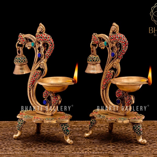 Brass Diya with mosaic Stonework, 20 cm Parrot Design Brass Oil Lamp Stand with Bell, Traditional Indian Oil Lamps, Brass Decorative Diyas.