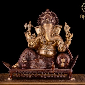 Brass Resting Ganesha Statue, 46 cm Big Large Size Bronze Finish Relaxing Ganesha Stature, Lord Ganesh Statue for Home office Decor