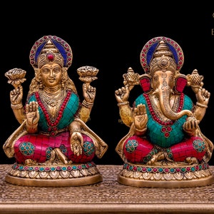 Brass Lakshmi Ganesh Statue, 21 cm Lakshmi Ganesha Statue with Stonework, Brass Ganesha Laxmi Idol, Laxmi Ganesha Morti, Hindu God Statue