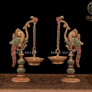 Brass Diya Set of 2, 22 cm Parrot Design Brass Oil Lamp with mosaic Stonework, Brass Parrot Diya 2 piece Set, Brass Decorative Diyas
