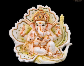 Ganesha Statue small, 12 cm Small Hand Painted Cultured Marble Ganesh Statute on leaf, Ganapathi Idol, Good Luck gift for new beginnings.