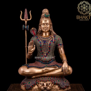 Brass Large Shiva Statue with Stonework, Brass Lord Shiva Idol, Large Shiv Murti, Big Siva Figurine. Hindu god of Destruction & Dance