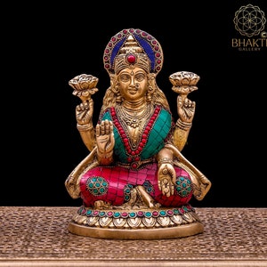 Brass Lakshmi Statue with Stonework, 21 cm Brass Laxmi Statue, Sri Lakshmi Idol, Hindu Goddess of Money Wealth Abundance & prosperity