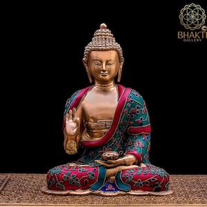 Brass Buddha Statue with Stonework, 36 cm Big Size Brass Lord Buddha Idol, Buddhist Temple Altar Yoga Studio Meditation Room Decor