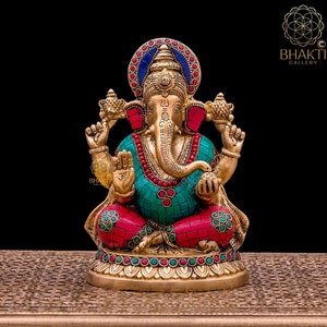 Brass Ganesha Statue with Stonework, 21 cm Big Brass Ganesh Statue, Ganapathy, Hindu Elephant God Idol, Good Luck Gift for New Beginnings.