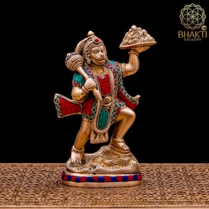 Brass Hanuman Statue Carrying Sanjivani Parvat, 22 cm Small Size Brass Lord Hanuman Idol with Sanjeevani Mountain, Bajrangbali, Bajrang Bali