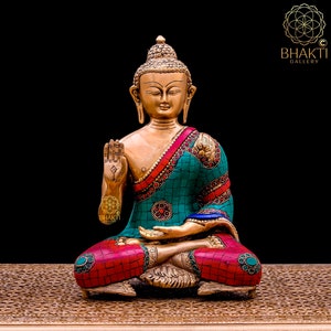 Brass Abhaya Mudra Buddha Statue, 28 cm Big Blessing Lord Buddha Idol in Brass, Buddhist Temple Altar Yoga Studio Meditation Room Decor