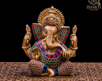 Brass Ganesha Statue, 14 cm Small Size Brass Ganesh Statue with Stonework, Hindu Elephant God Deity, Good Luck Gift for New Beginnings.