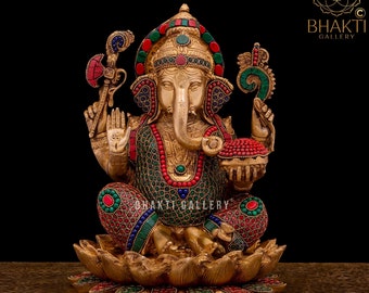 Brass Ganesha Statue with Stonework, 29 cm Big Brass Ganesh Statue on Lotus, Brass Ganapathi Idol, Shri Vinayaka Morti, House warming gift