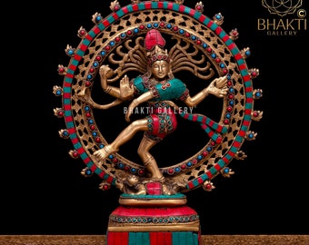 Brass Natraj Statue with Stonework, 35 cm Big Brass Dancing Shiva Nataraja Statue, Lord Shiva Natraja Idol, Nataraj Idol, Yoga Studio Decor.