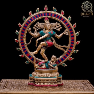 Brass Natraj Statue, 46 cm Big Brass Dancing Shiva Nataraja Idol with Stonework, Nataraj for Temple Mandir Altar Yoga Studio Home Decor