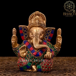 Brass Ganesha Statue Small, 10 cm Small Brass Ganesh Statue with Mosaic Stonework, Elephant God Idol, Good Luck Gift for New Beginnings