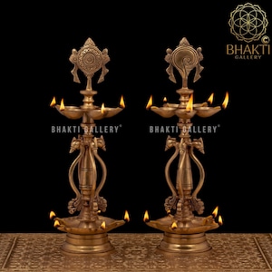 Brass Shankh Chakra Diya Set of 2, 40 cm Big Brass Shank Chakra Oil Lamps, Vishnu Oil Lamp Diyas, Kuthu Vilakku, Shanku Chakra Brass Diya