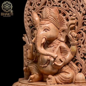 Wooden Ganesha Statue, 22 cm Hand carved Wooden Ganesh Statue, Wood Ganpati Idol, Wood Ganesha Idol, Wood Ganesh Figure, House warming gift.