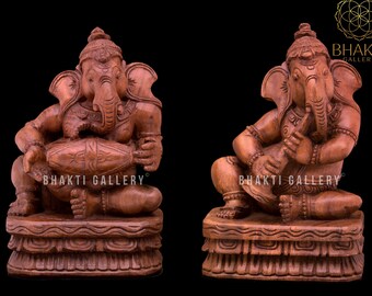 Wooden Musical Ganesha Set of 2 piece, 23 cm Musical Ganesh 2 piece Set, Gift for New Beginnings, House warming gift, Home Entrance Decor