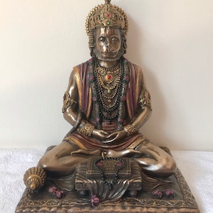 Lord Hanuman Statue, 20 cm Bonded Bronze Hanuman Statue, Hindu Monkey God of Devotion Strength Celibacy & Bhakti, Meditating Hanuman Idol