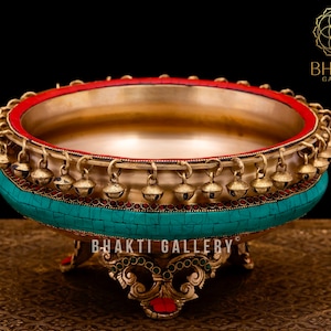 Brass Urli with Bells, 26 cm Brass Urli with ghungroo Decorated with Stonework, Traditional Indian Brass Urli Bowl Art, Brass Uruli