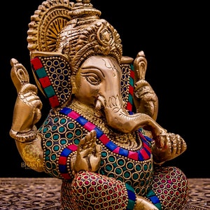 Brass Ganesha Statue, 14 cm Small Size Brass Ganesh Statue with Stonework, Hindu Elephant God Deity, Good Luck Gift for New Beginnings. image 7