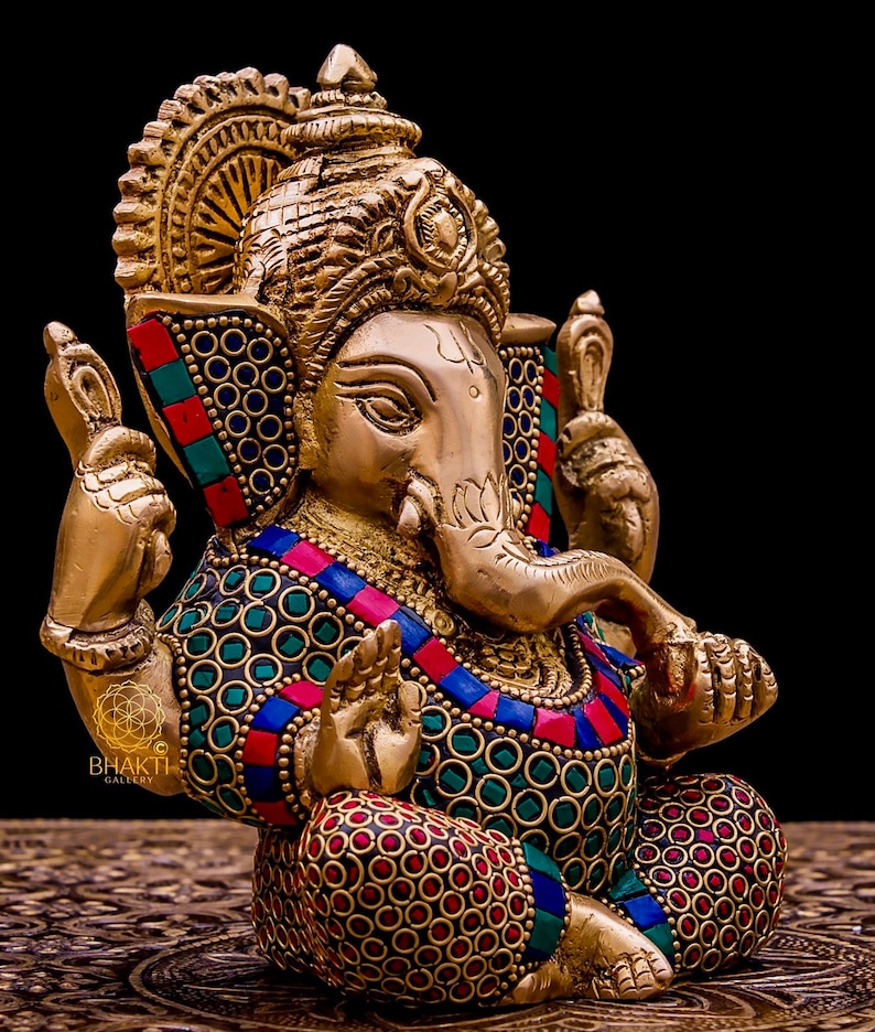 Brass Ganesha Statue, 14 cm Small Size Brass Ganesh Statue with Stonework, Hindu Elephant God Deity, Good Luck Gift for New Beginnings. image 7