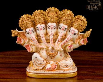 Panchmukhi Ganesh Statue, 15 cm Hand Painted Cultured Marble Five Face Lord Ganesha Statue, Five headed Ganesha, Panchamukhi Ganesh Idol