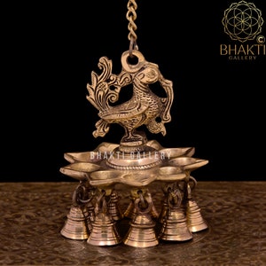 Annam bird Design Brass Hanging Diya with Bells, 51 cm long(with chain) Hanging Brass Oil Lamp, Brass peacock Hanging Decorative Diya