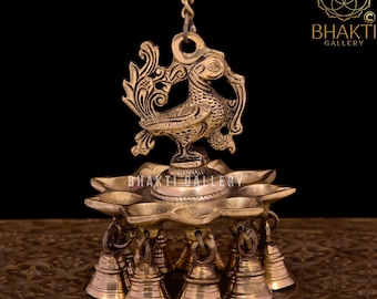 Annam bird Design Brass Hanging Diya with Bells, 51 cm long(with chain) Hanging Brass Oil Lamp, Brass peacock Hanging Decorative Diya.