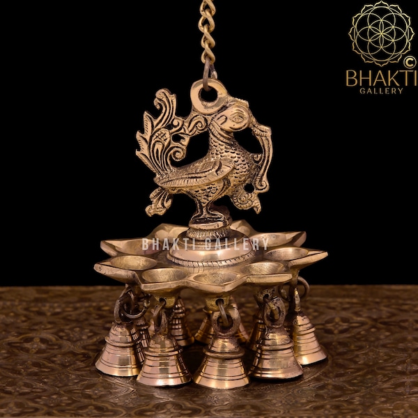 Annam bird Design Brass Hanging Diya with Bells, 51 cm long(with chain) Hanging Brass Oil Lamp, Brass peacock Hanging Decorative Diya.