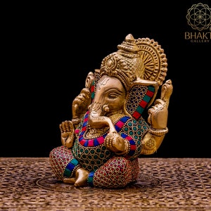 Brass Ganesha Statue, 14 cm Small Size Brass Ganesh Statue with Stonework, Hindu Elephant God Deity, Good Luck Gift for New Beginnings. image 4