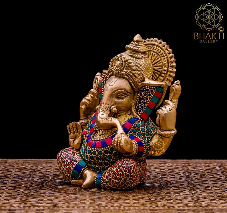 Brass Ganesha Statue, 14 cm Small Size Brass Ganesh Statue with Stonework, Hindu Elephant God Deity, Good Luck Gift for New Beginnings. image 4